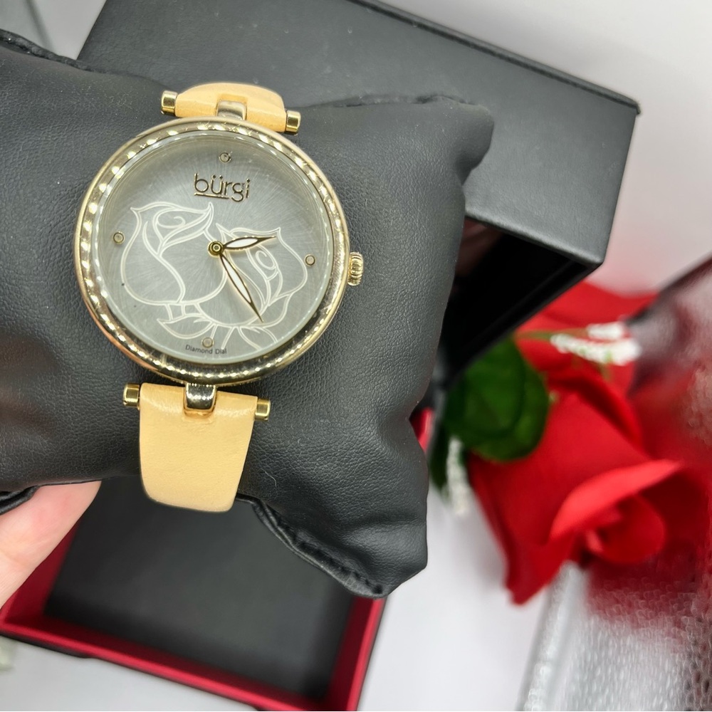 Women's Burgi Flower Engraved Diamond Dial Genuine Leather Strap Watch with box - Picture 7 of 16
